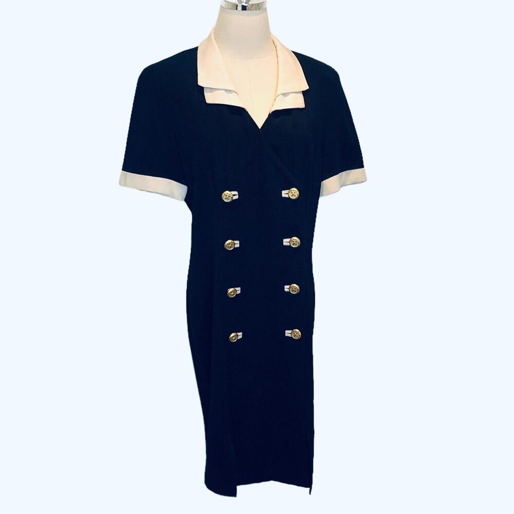 Vintage 90s Danny Nicole Dress Navy Blue Nautical Military Double Breasted